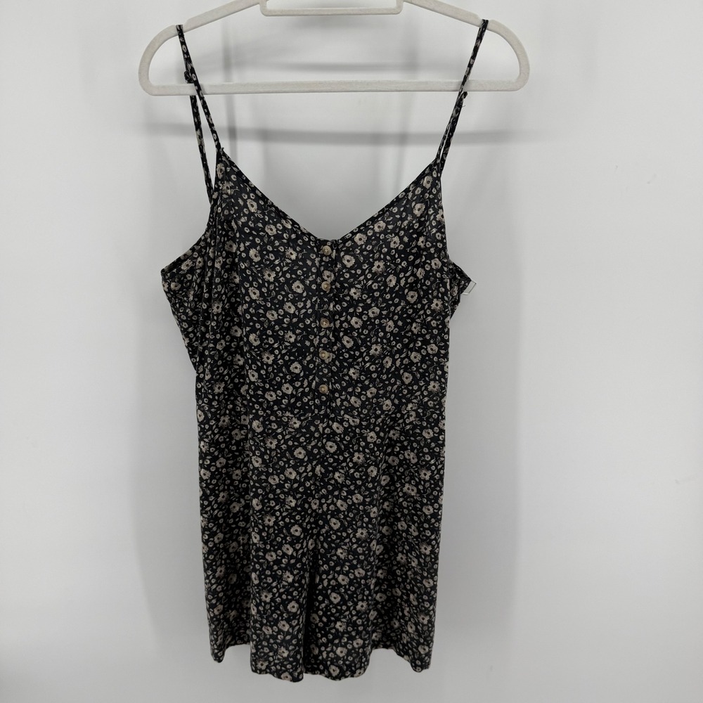 90s American Eagle Womens 10 Floral Romper Black Cream Button Front Lace Up Back